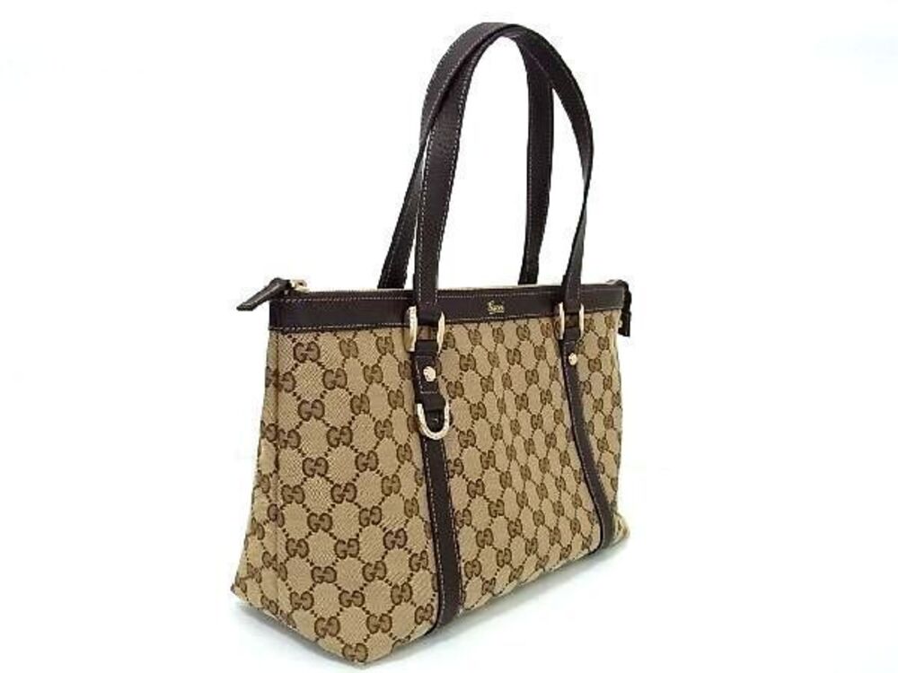 Gucci Brown Tote Bag GG Leather Canvas Shoulder Brown